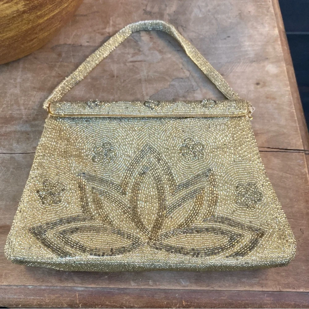 Vintage French DELILL Purse gold beaded lotus flower mini strap dainty art deco